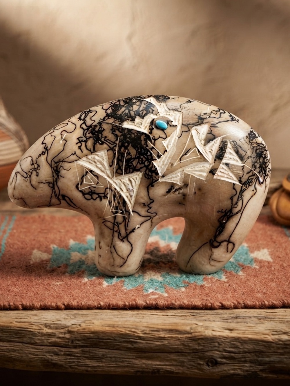 Navajo horsehair pottery bear sculpture Handcrafted Ceramic Bear Sculpture